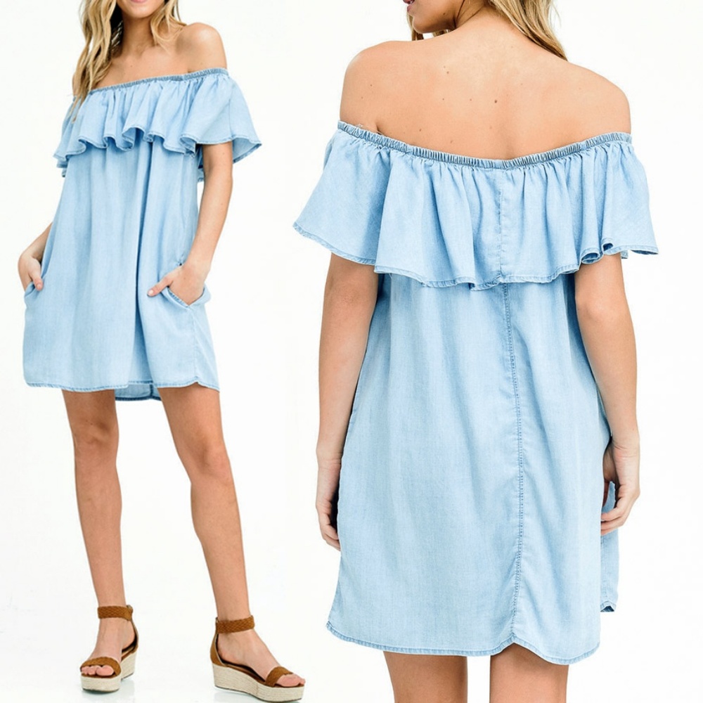 Last☝️Blue Chambray Ruffle Off Shoulder CUTE Dress - Picture 4 of 6